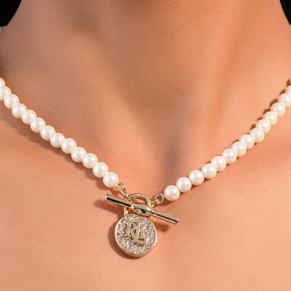 Ralph Lauren Faux Pearl & Logo Pavé Padlock Necklace, Gold