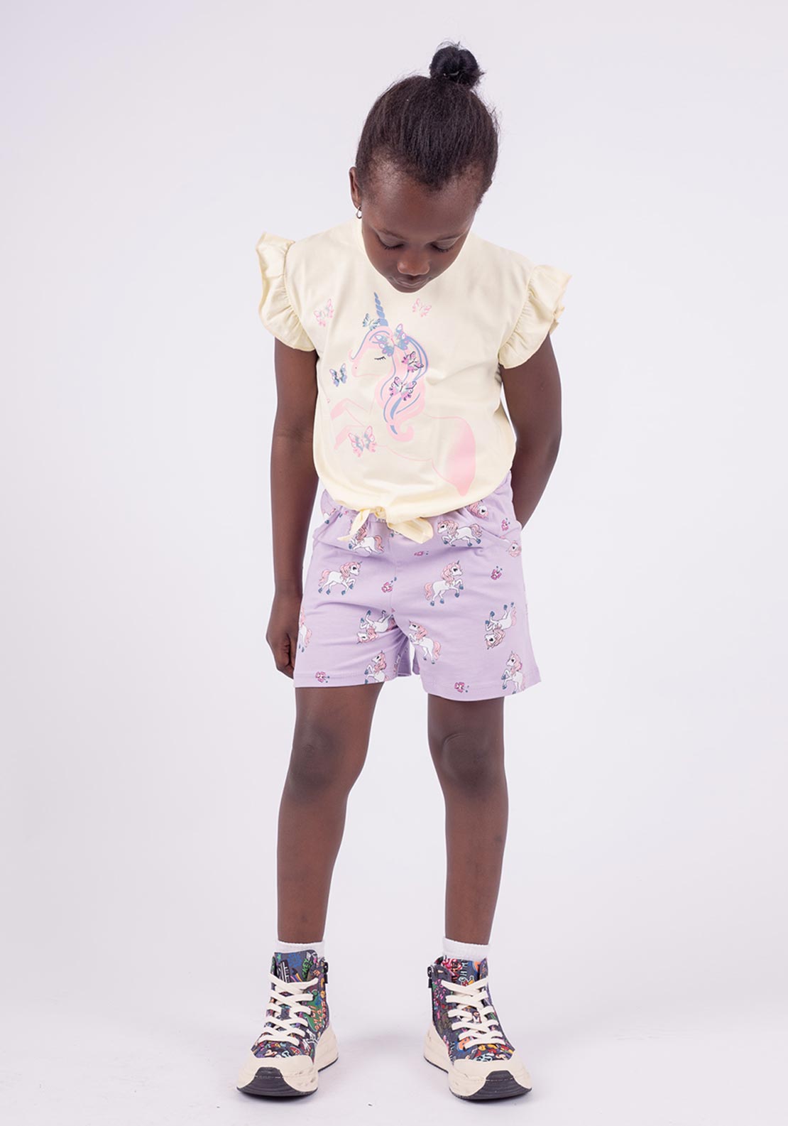 Ebita Girls Unicorn Tee Short and Headband Set, Yellow McElhinneys