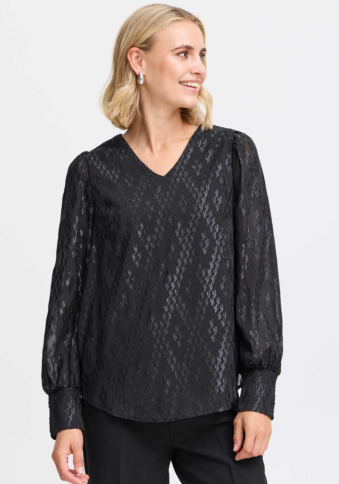 Fransa Sparkie Metallic Detail Chiffon Blouse, Black