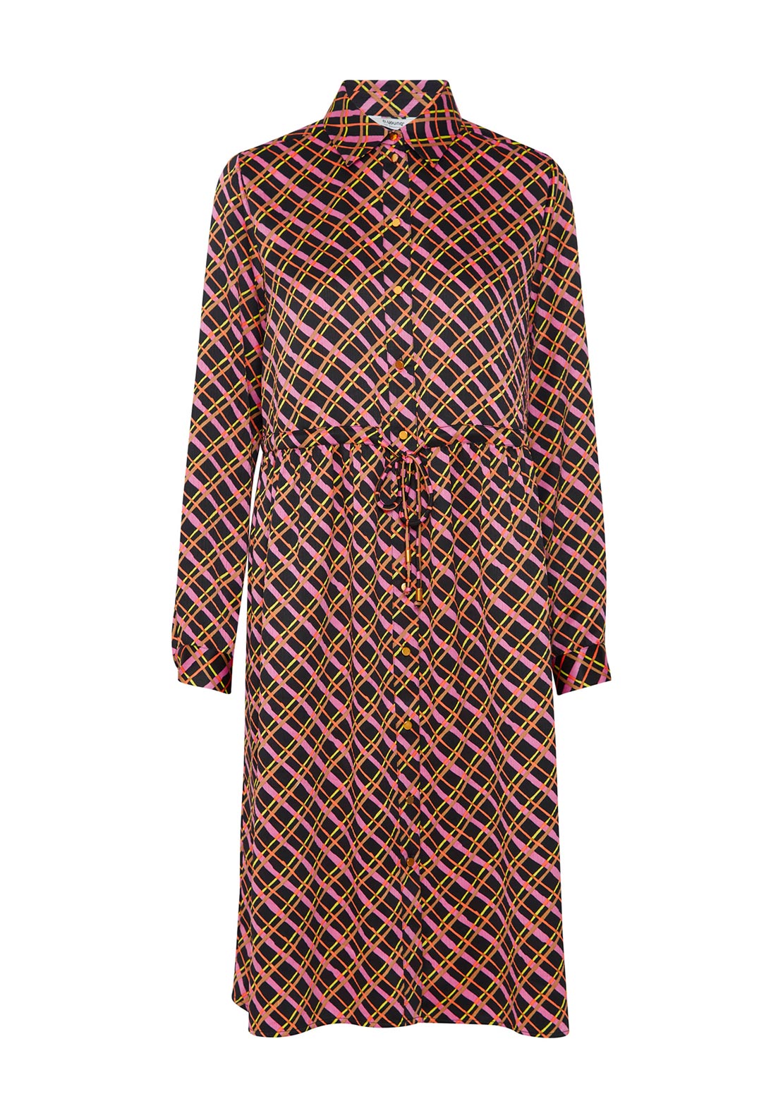 strapless open back dress B.Young Trine Vibrant Pattern Crepe Midi Shirt Dress, Black Mix