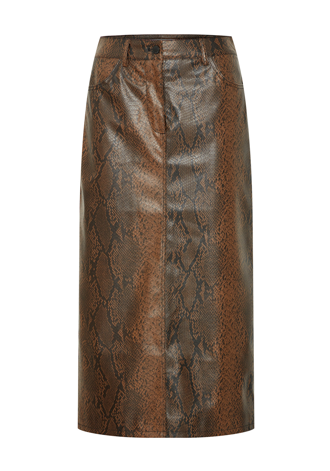 b.young Elloni Snakeskin Faux Leather Midi Skirt, Brown