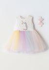 Ebita Girls Unicorn Sleeveless Tulle Dress and Hairband Set, Multi