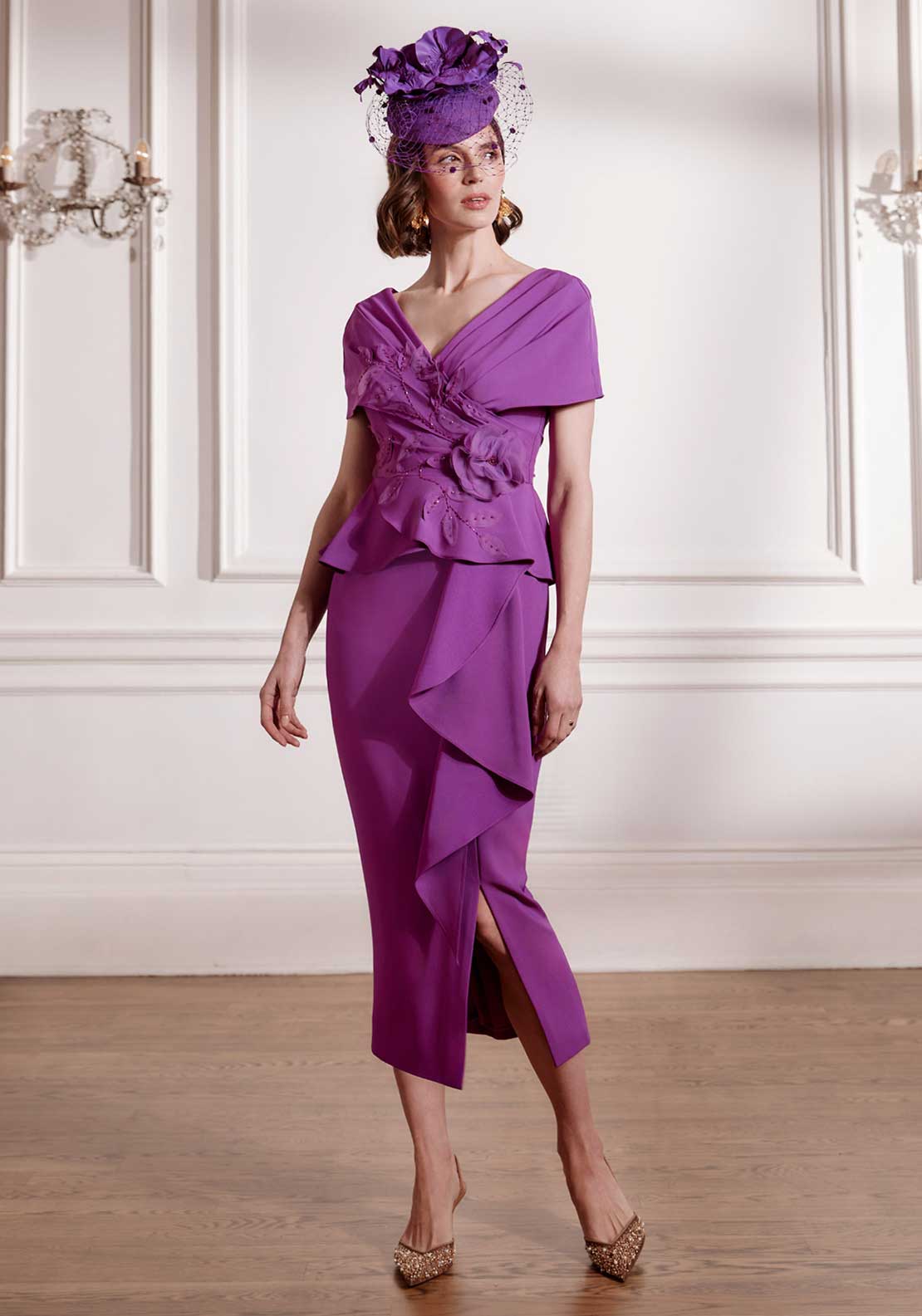 John Charles Peplum 3D Floral Pencil Dress, Purple