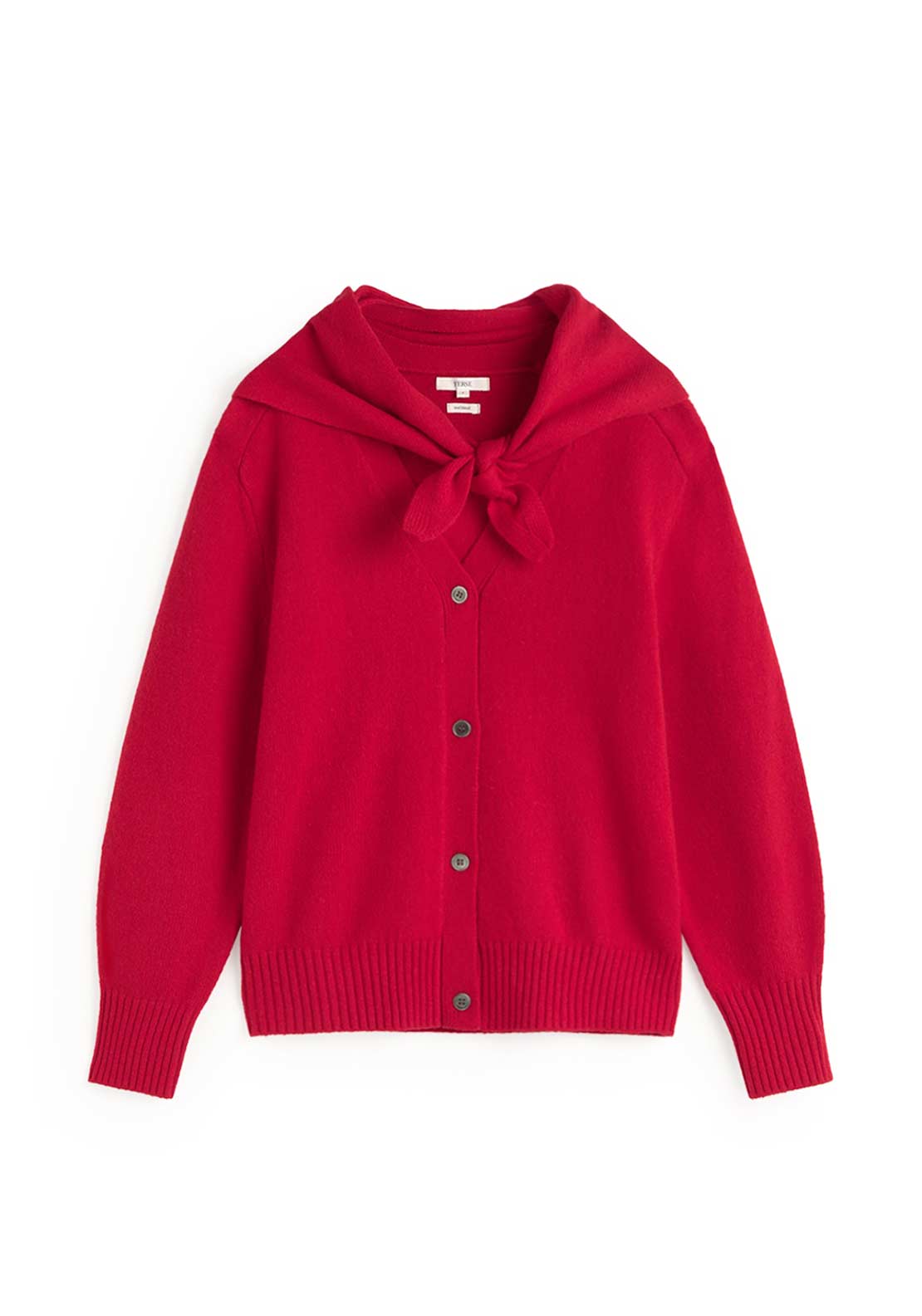 YERSE Fine Knit Tie Detail V-Neck Cardigan, Red