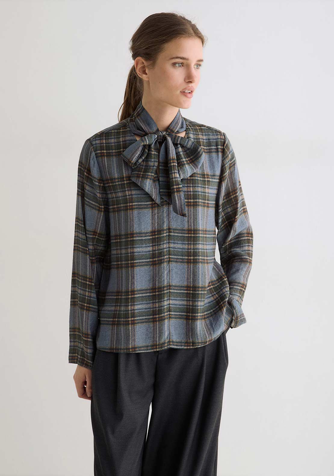 YERSE Check Tie Detail V-Neck Shirt, Blue