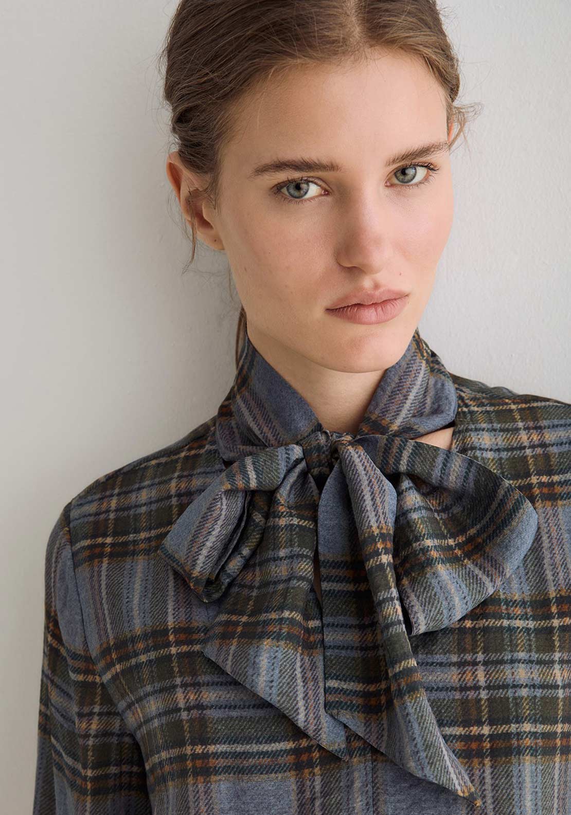 YERSE Check Tie Detail V-Neck Shirt, Blue