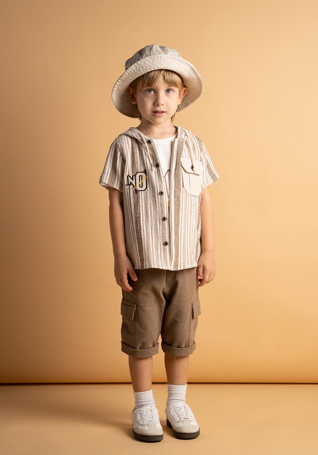 Hashtag Mini Boy Stripe Shirt 3 Piece Set, Beige