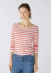 Oui Boat Neck Striped Cotton Top, Red & White