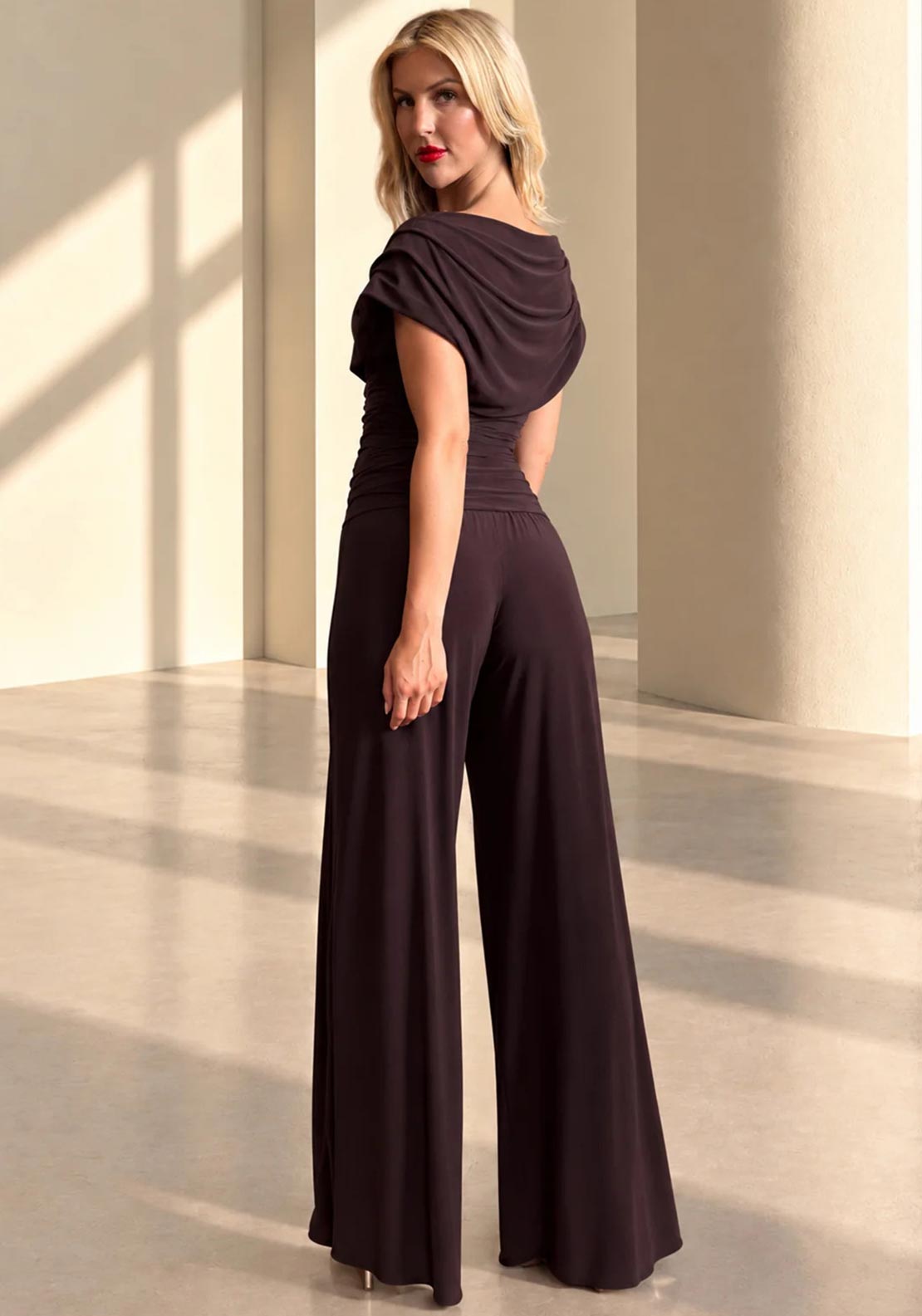 Atom Label Carbon Off The Shoulder Jumpsuit, Dark Chocolate Brown