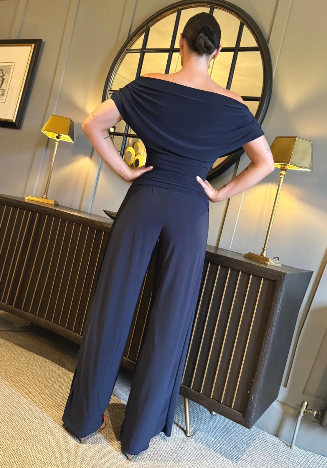Atom Label Carbon Off The Shoulder Jumpsuit, Navy