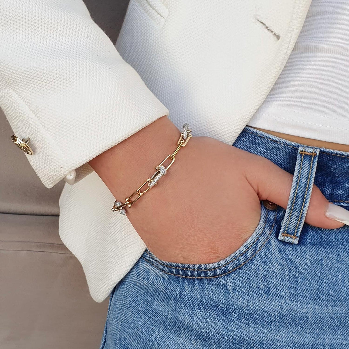 Absolute CZ Chain Link Bar Bracelet, Gold