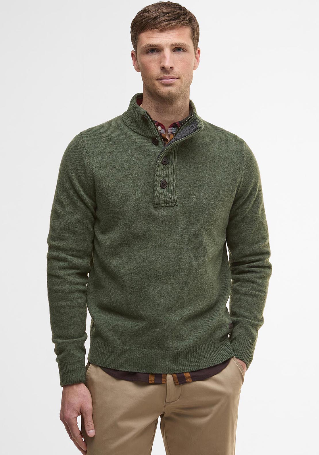 Barbour Men’s Essential Elbow Patch Button Neck Jumper, Olive Green