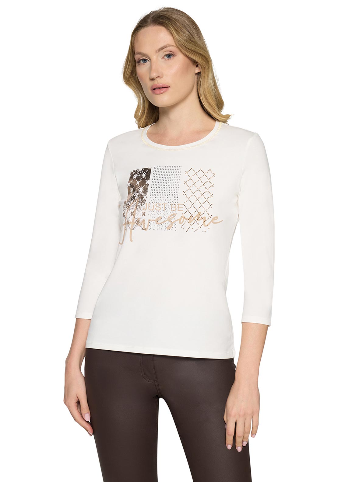 Betty Barclay Cropped Sleeve with Print and Rhinestone Detail Top, Off-White