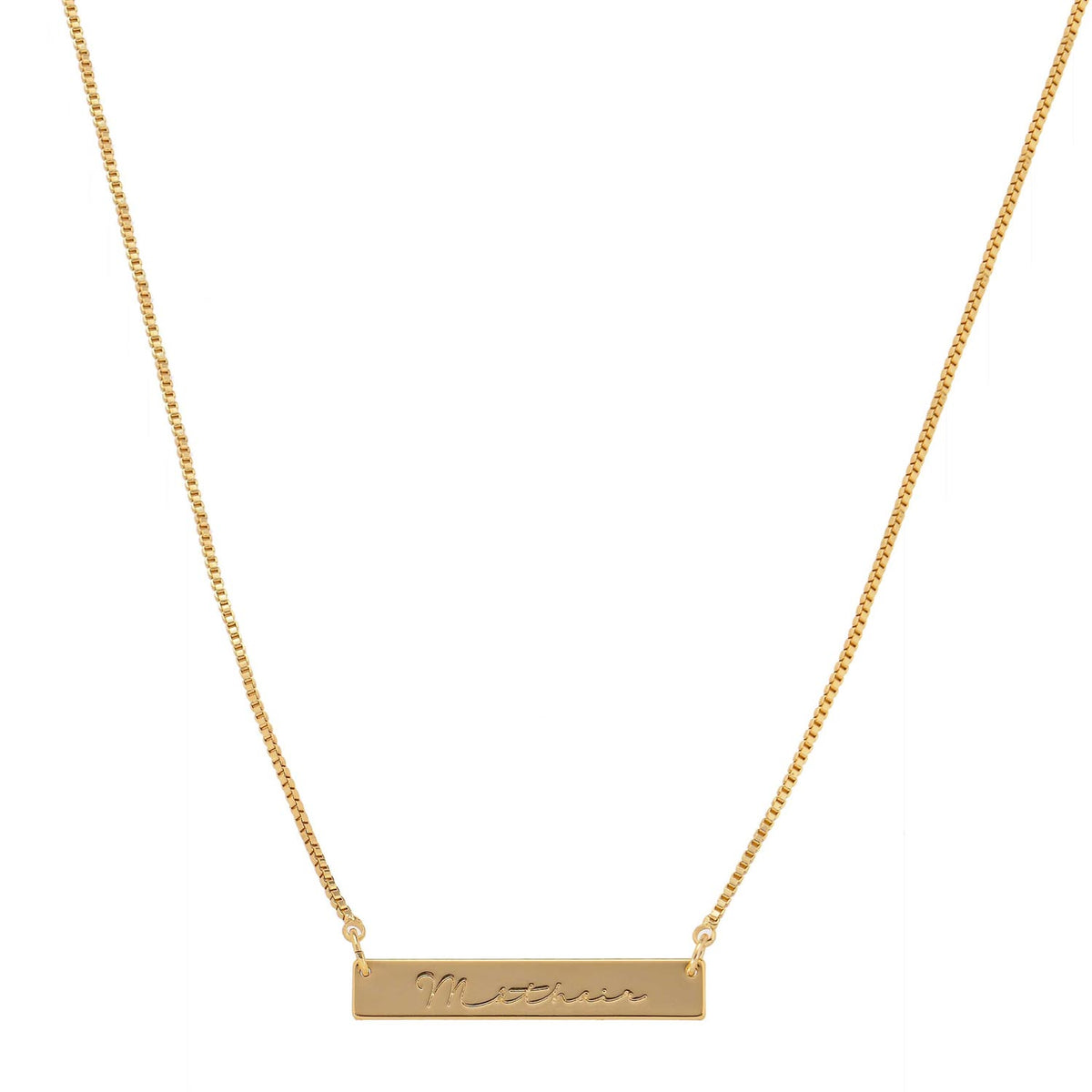 Betty and Biddy Máthair Engraved Bar Necklace, Gold