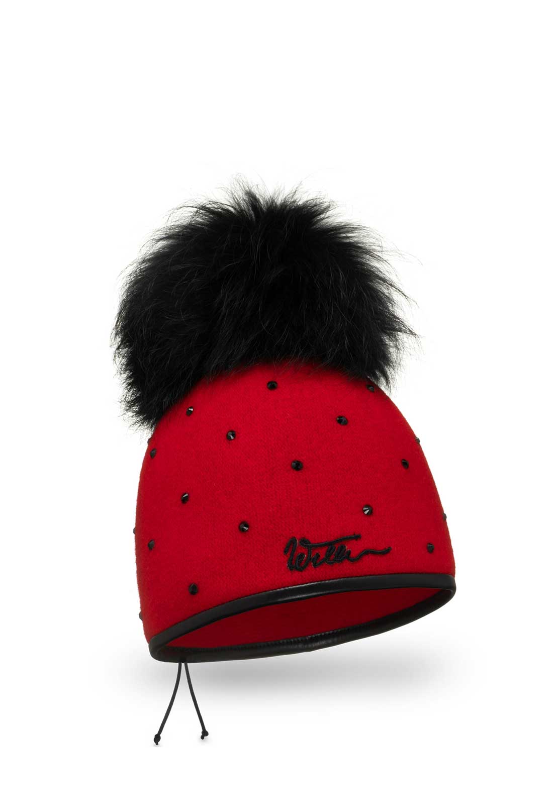 Willi Bile Handmade Embellished Pom Pom Hat, Red