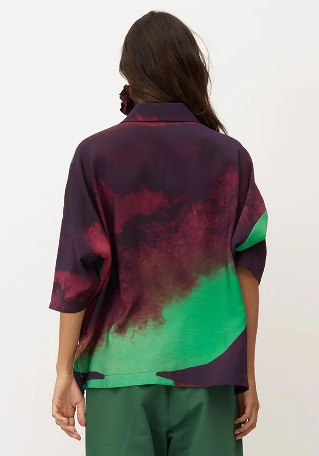 Bize Watercolour Abstract Oversized Shirt, Green Multi
