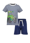 Blue Seven Boy Stripe Tractor Tee and Short Set, Navy