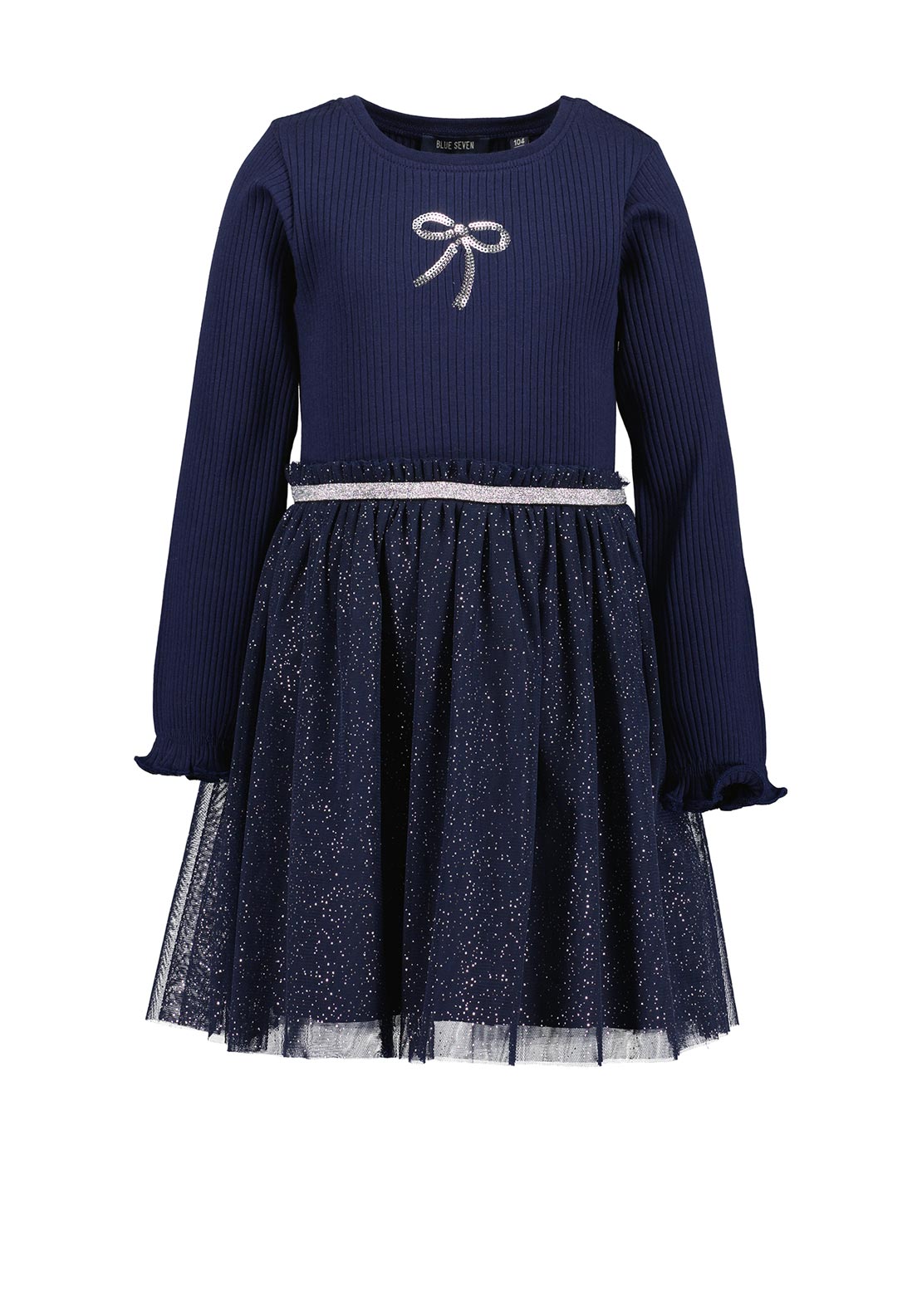 Blue Seven Mini Girl Bow Long Sleeve Tulle Dress, Navy