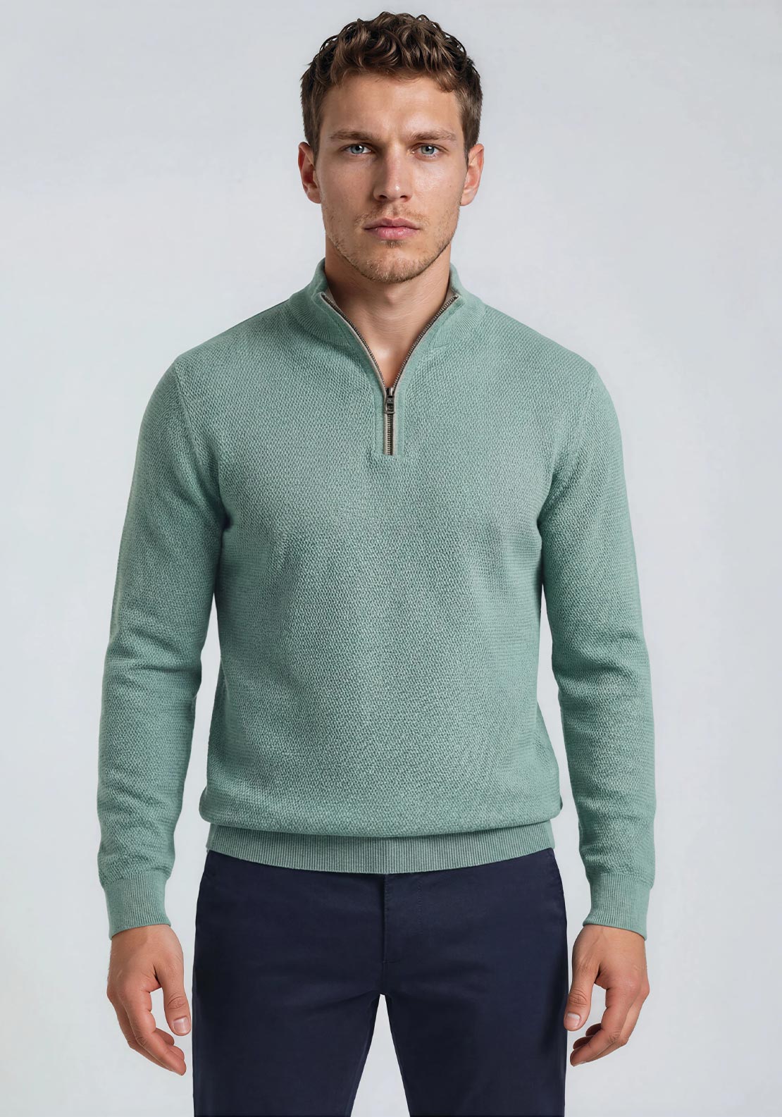 Casa Moda Textured Knit Quarter Zip Sweatshirt, Green