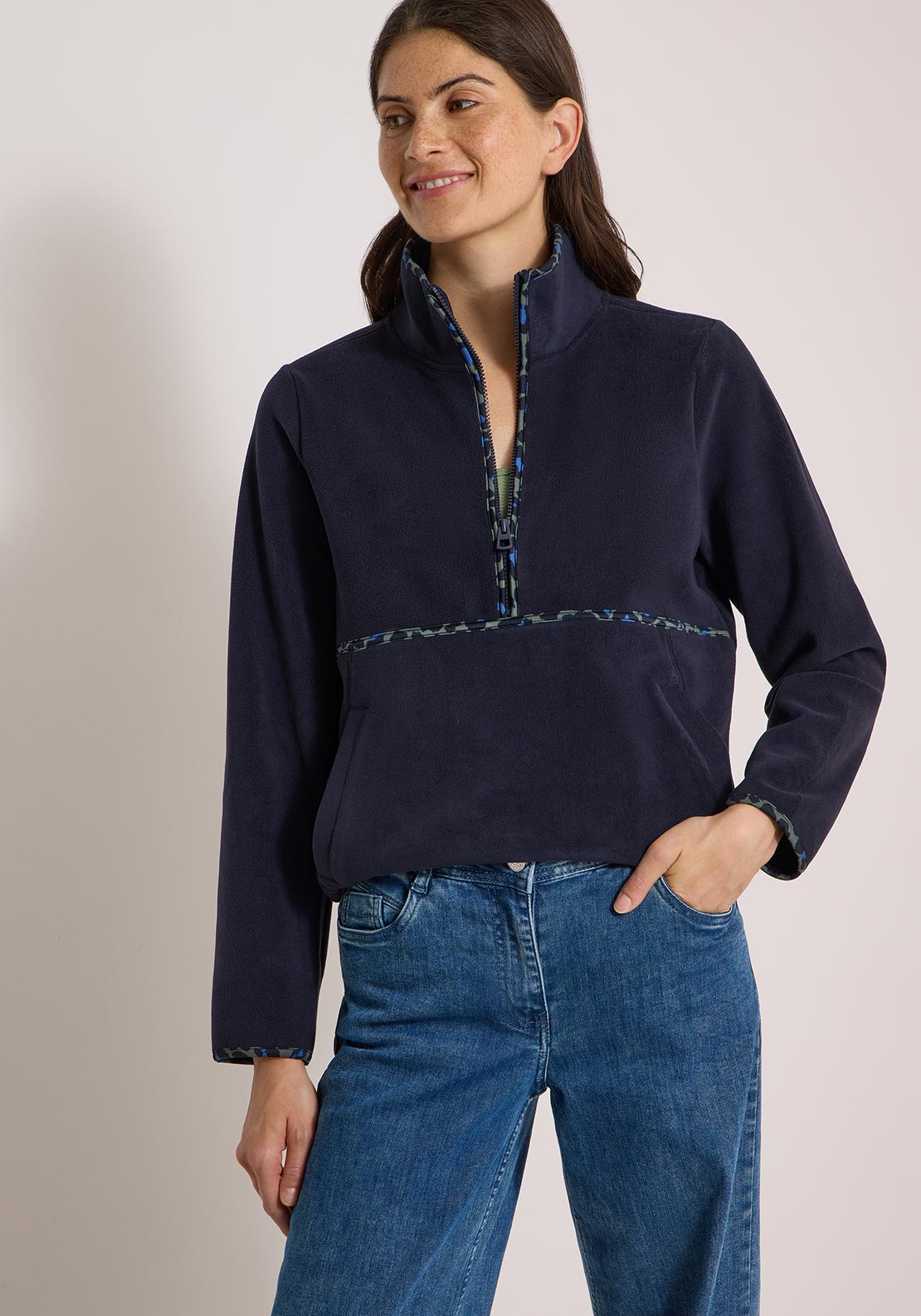 Cecil Half Zip with Animal Print Detail Fleece, Navy
