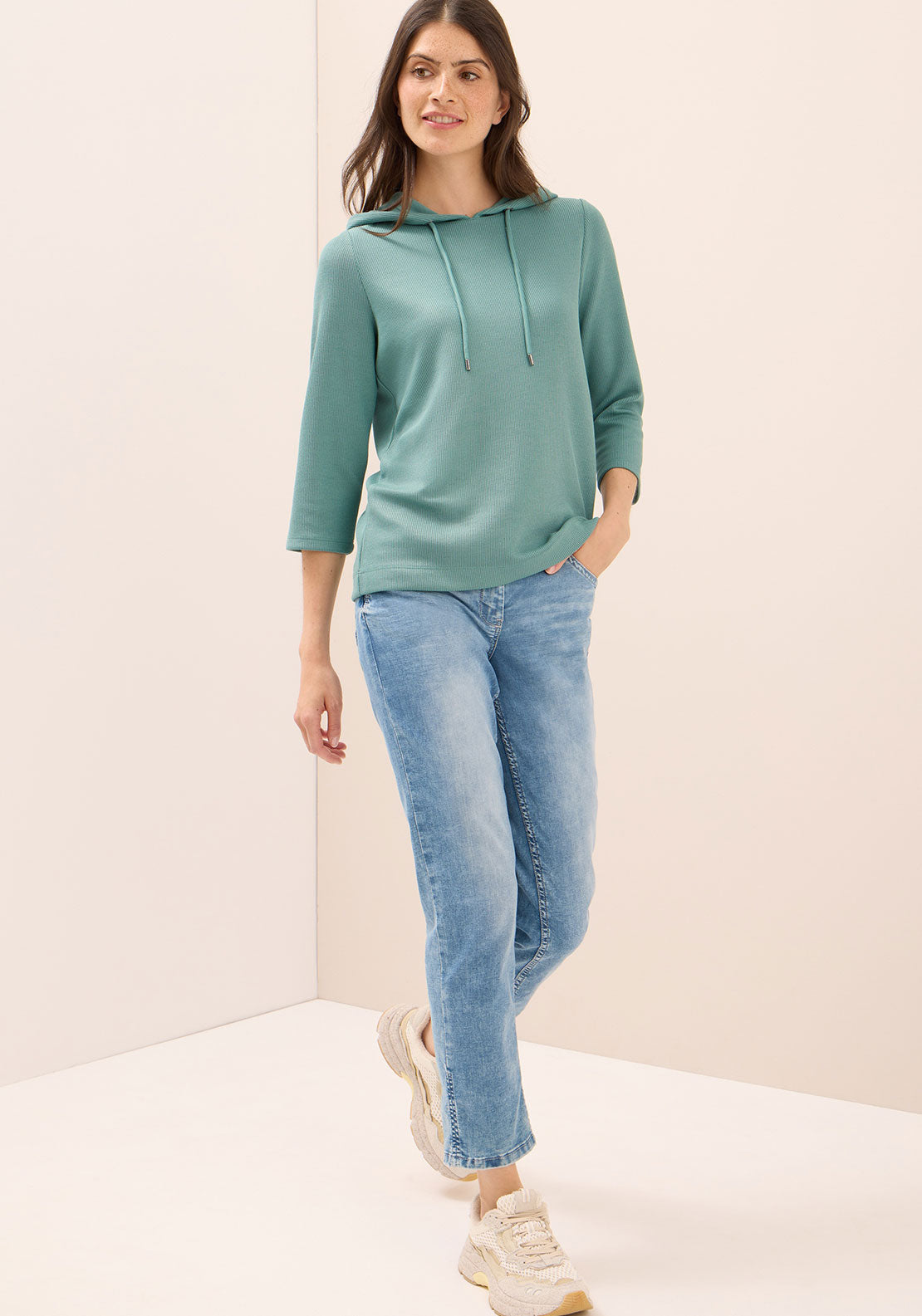 Cecil Rib Cropped Sleeve Hoodie, Green