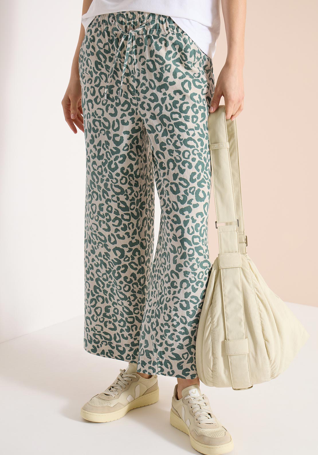 Cecil Leopard Print Wide Leg Trousers, Green