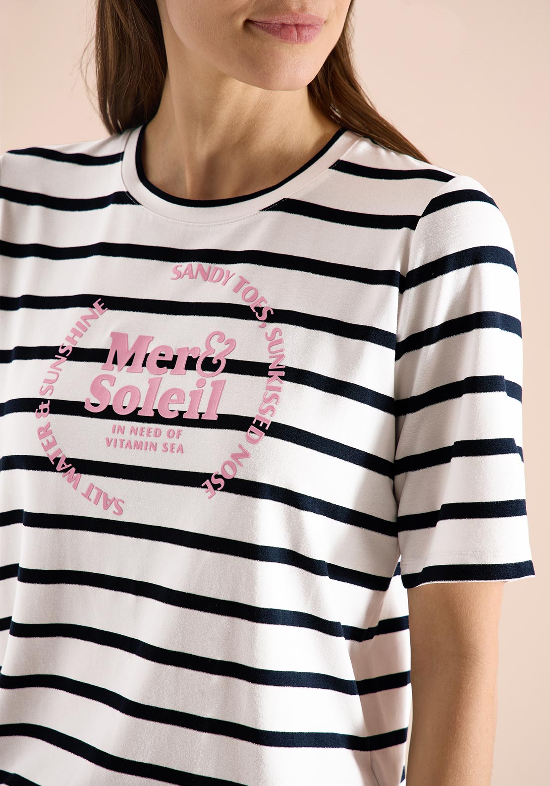 Cecil Striped with Beach Slogan Print T-Shirt, Black and White