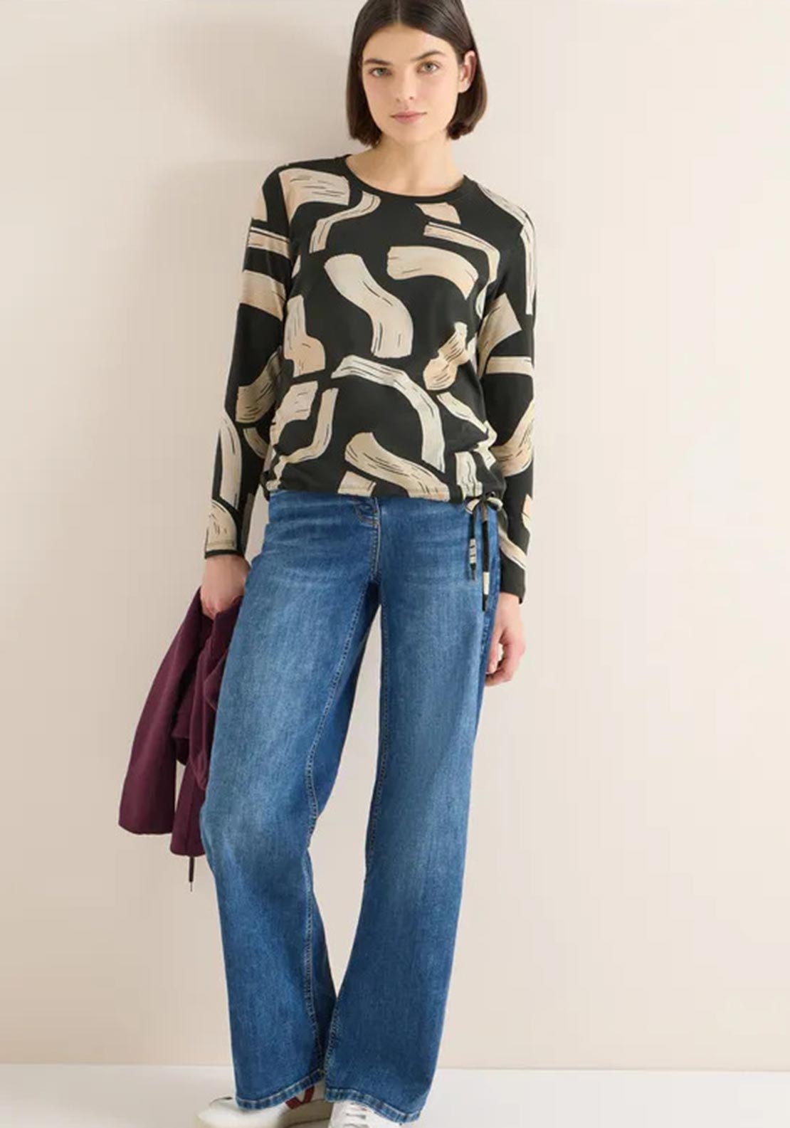 Cecil Patterned Round Neck Cotton Top, Khaki