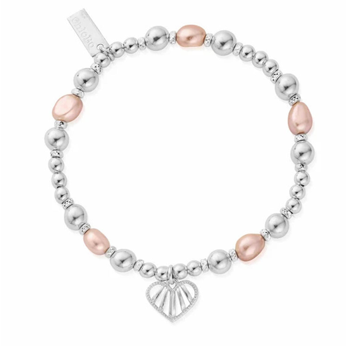 ChloBo Loving Heart Pink Pearl Bracelet, Silver