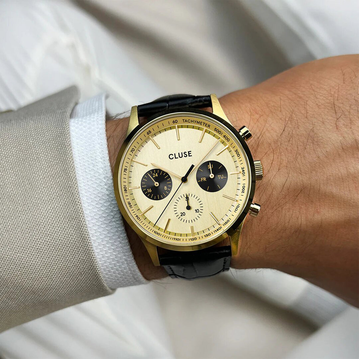 Cluse Anthéor Multifunction Leather Strap Watch, Gold & Black