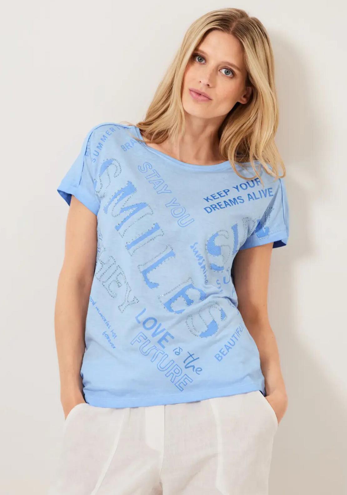 Tranquil Rhinestone Text T-Shirt, - Print & Blue McElhinneys Cecil