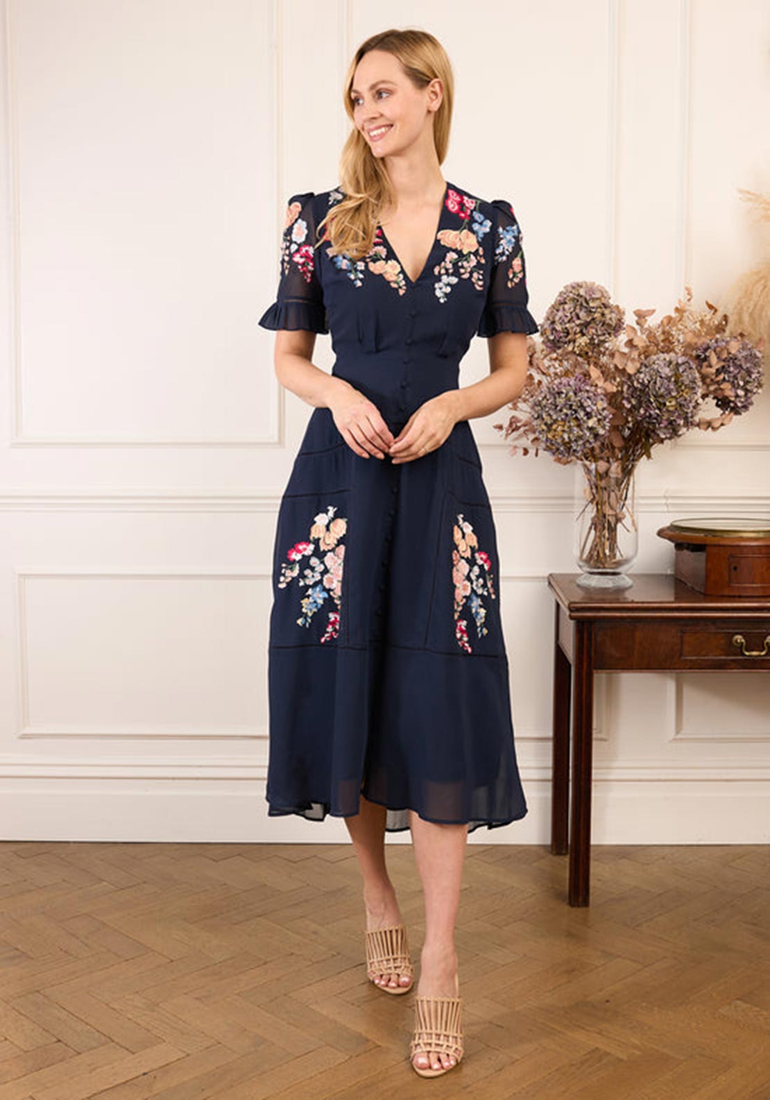navy embroidered dress Hope & Ivy Clarice Button Front Midi Dress, A moment in music MT-AB-08.21.24 Size:Coat Size 52 Its ready for church