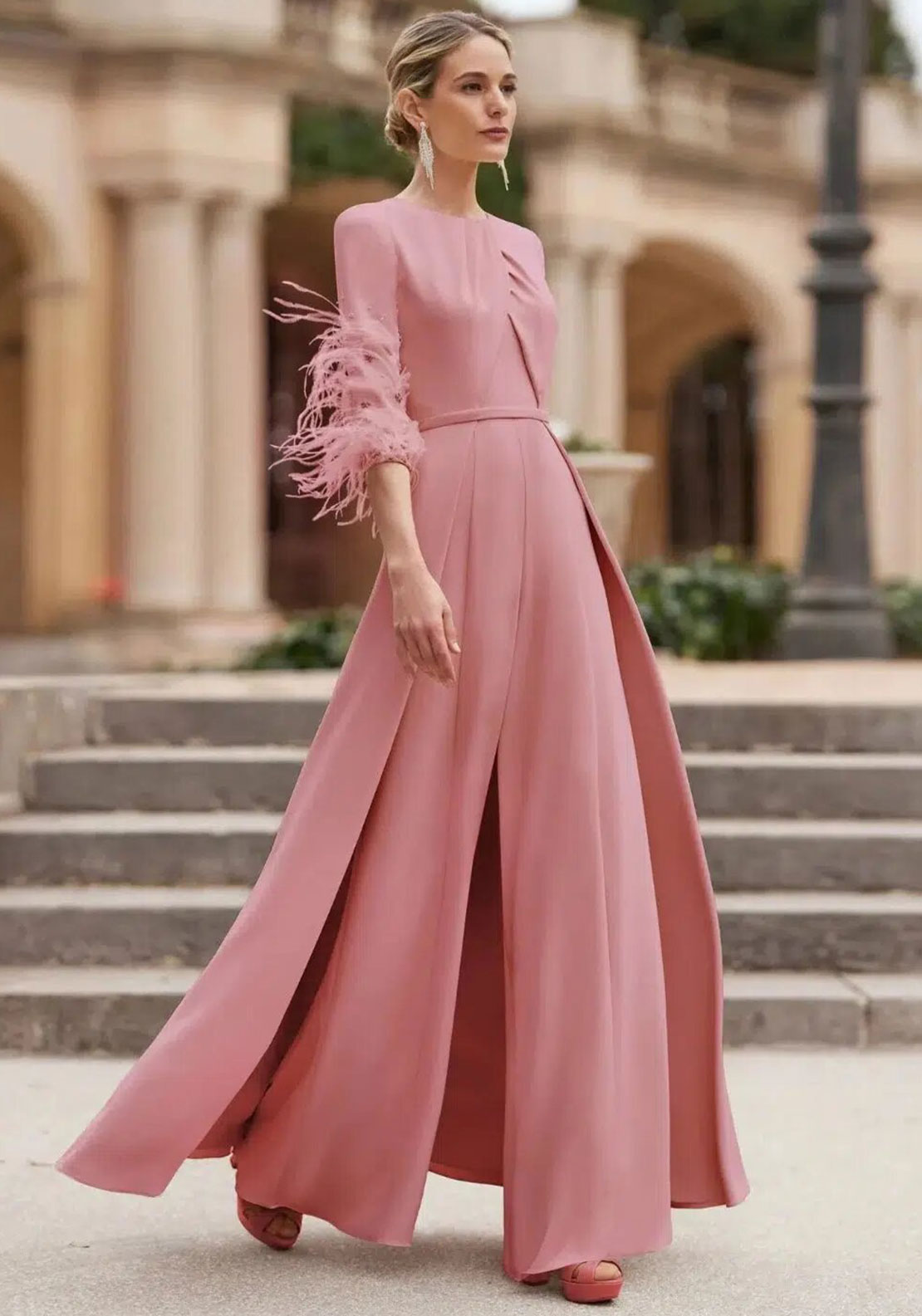 Couture Club Feather Sleeve Cape Jumpsuit, Pink