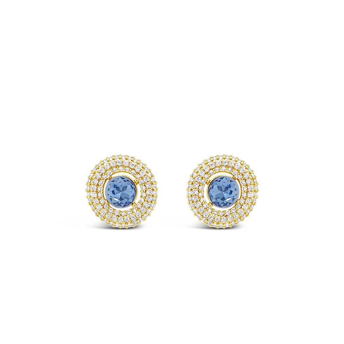 Absolute Blue CZ Pavé Halo Stud Earrings, Gold