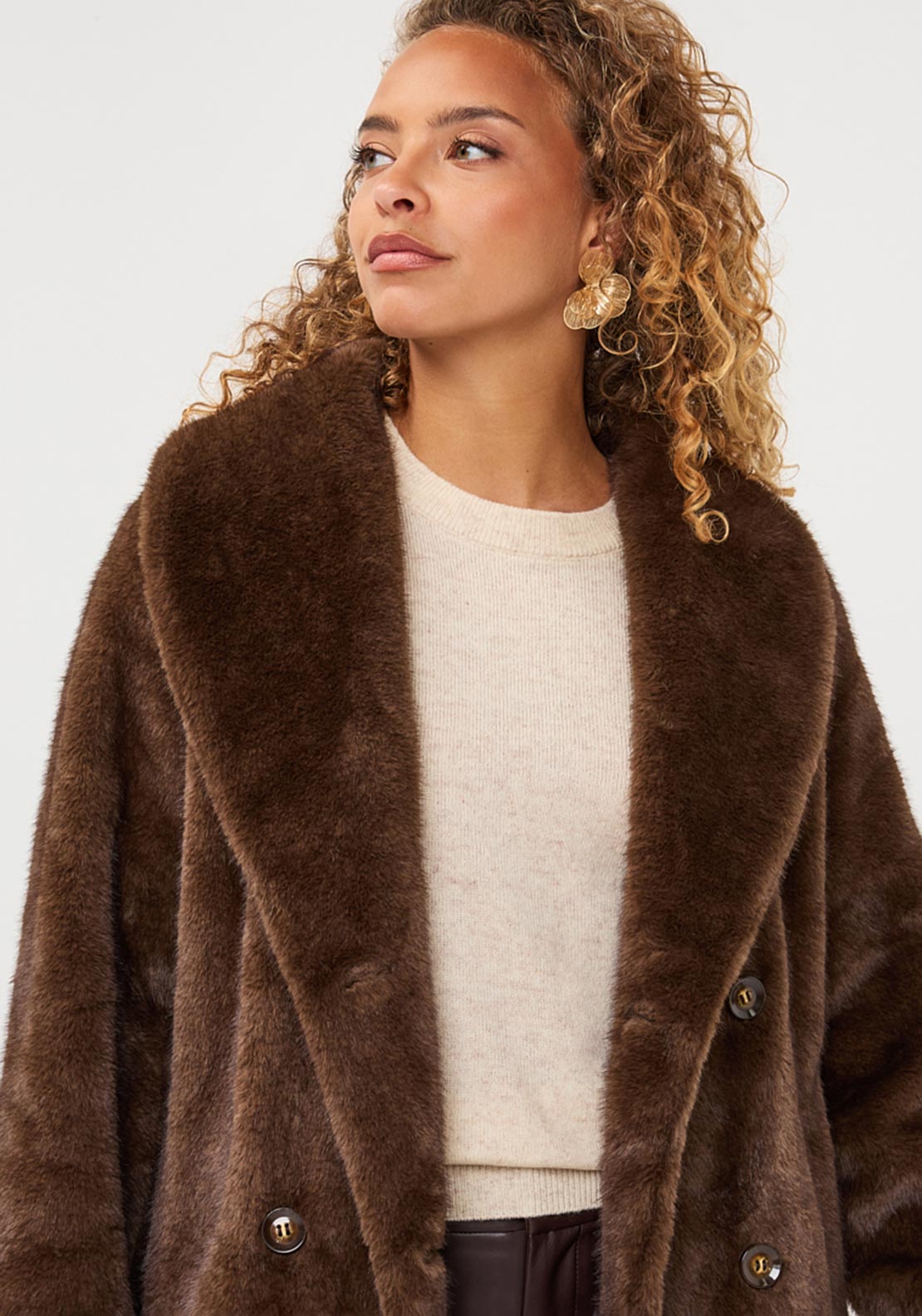 Esqualo Faux Fur Longline Coat, Brown