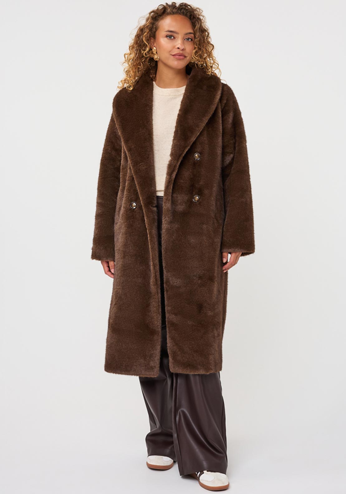 Esqualo Faux Fur Longline Coat, Brown