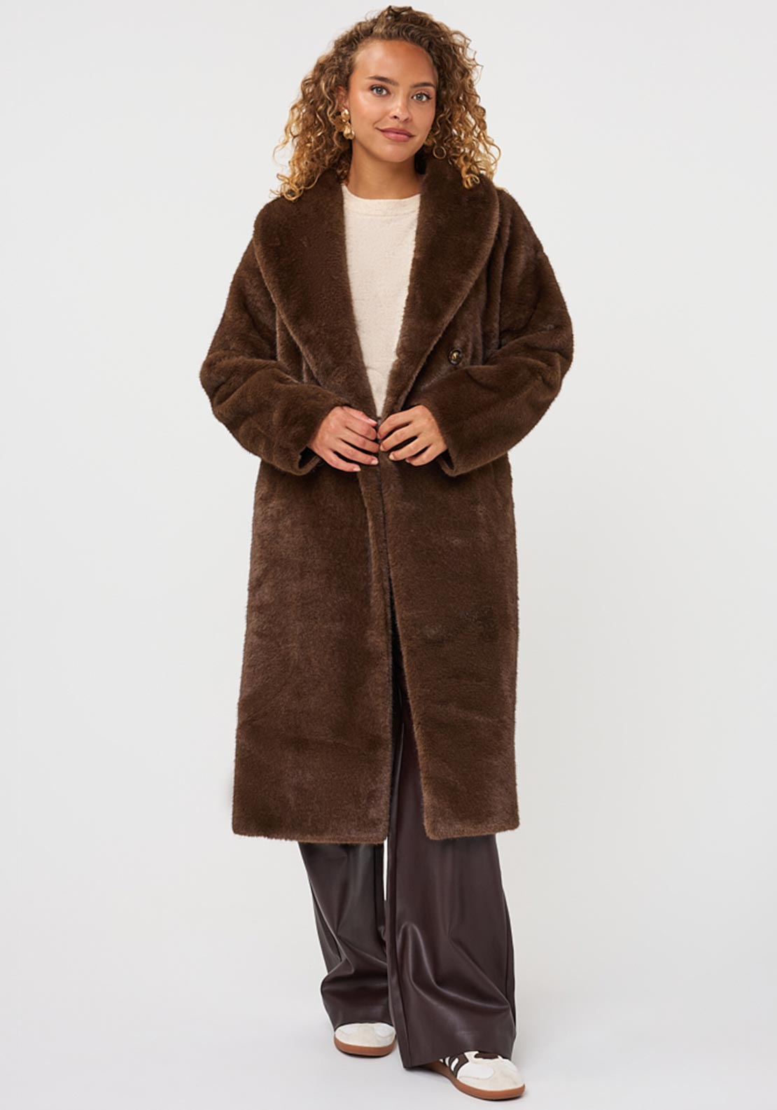 Esqualo Faux Fur Longline Coat, Brown