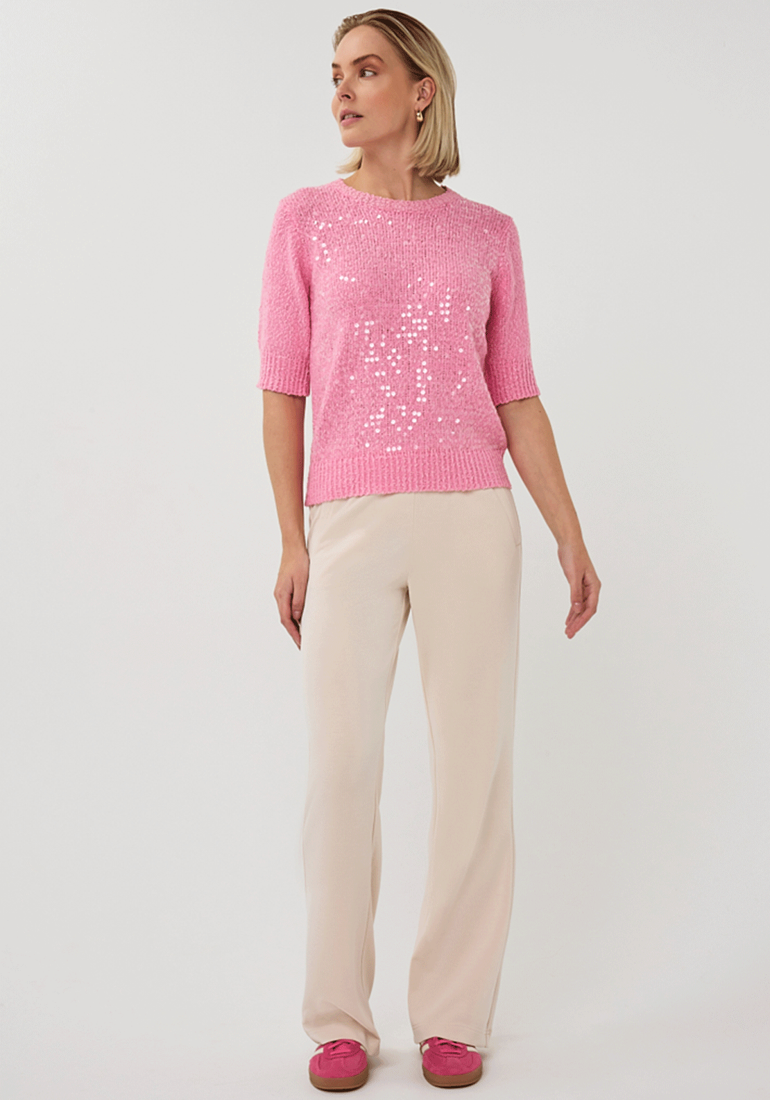 Esqualo Sequin Short Sleeve Knit Sweater, Pink