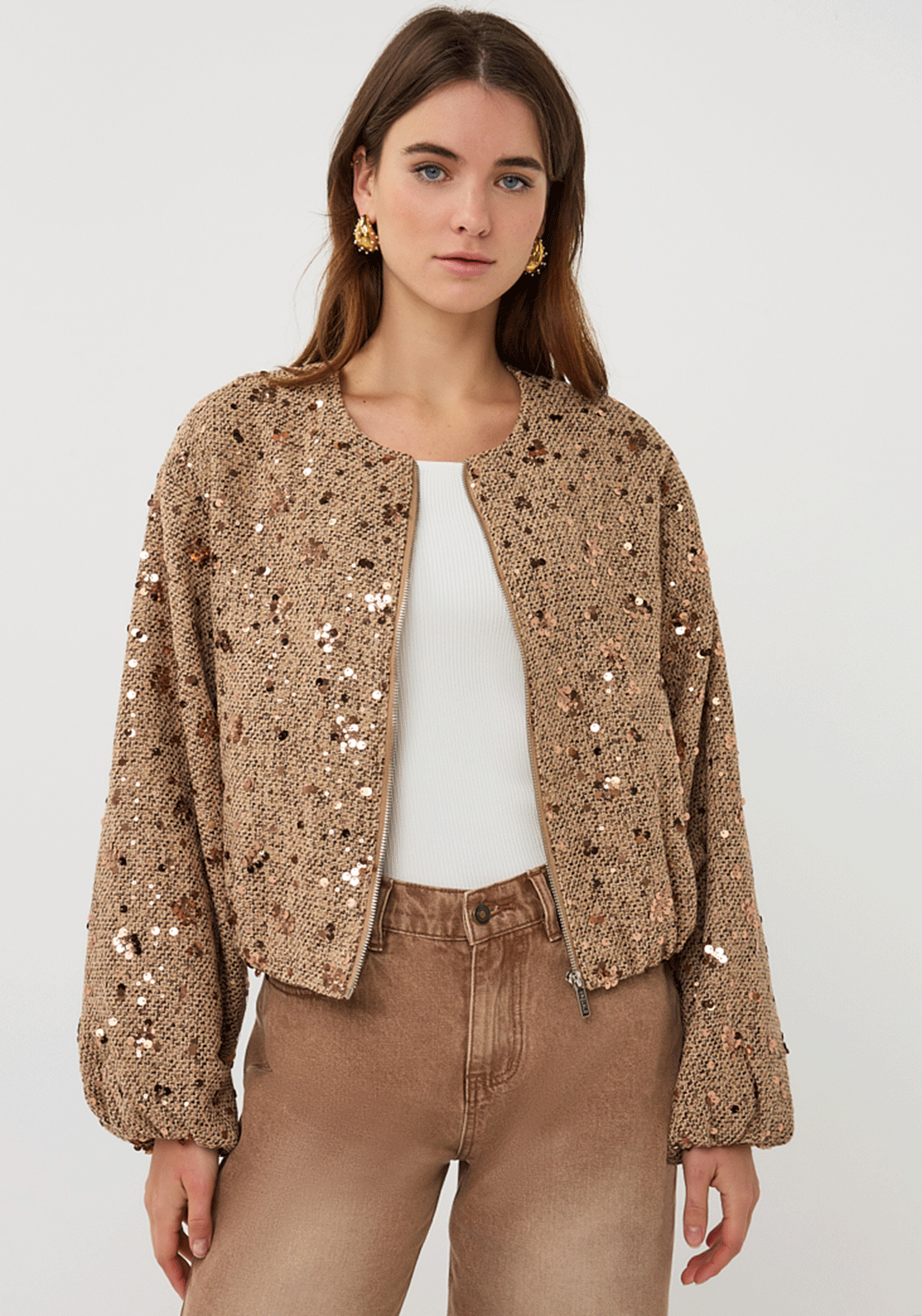EsQualo Sequin Detail Zip Up Jacket, Light Brown Multi
