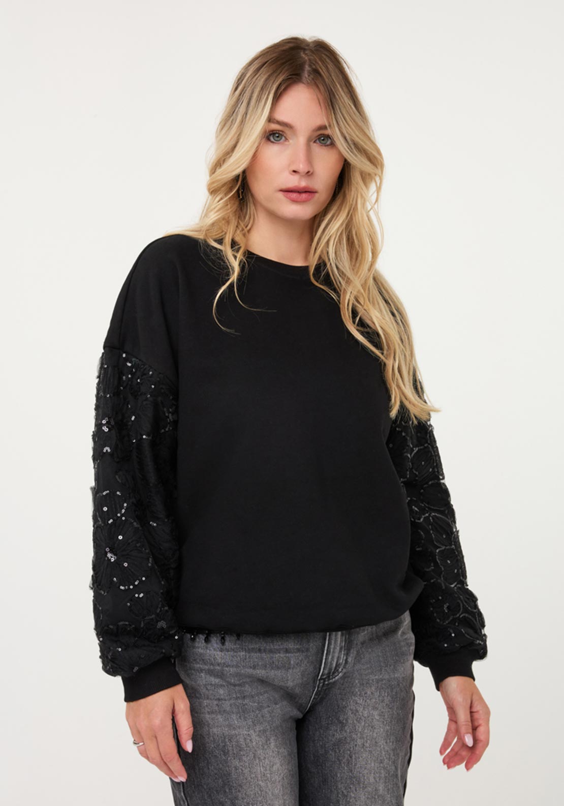 Esqualo Round Neckline with Sleeve Detail Jumper, Black