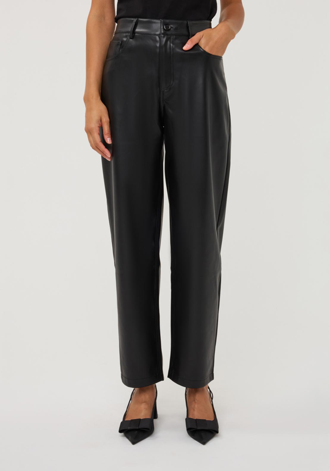 Esqualo Faux Leather Barrel Leg Trousers, Black