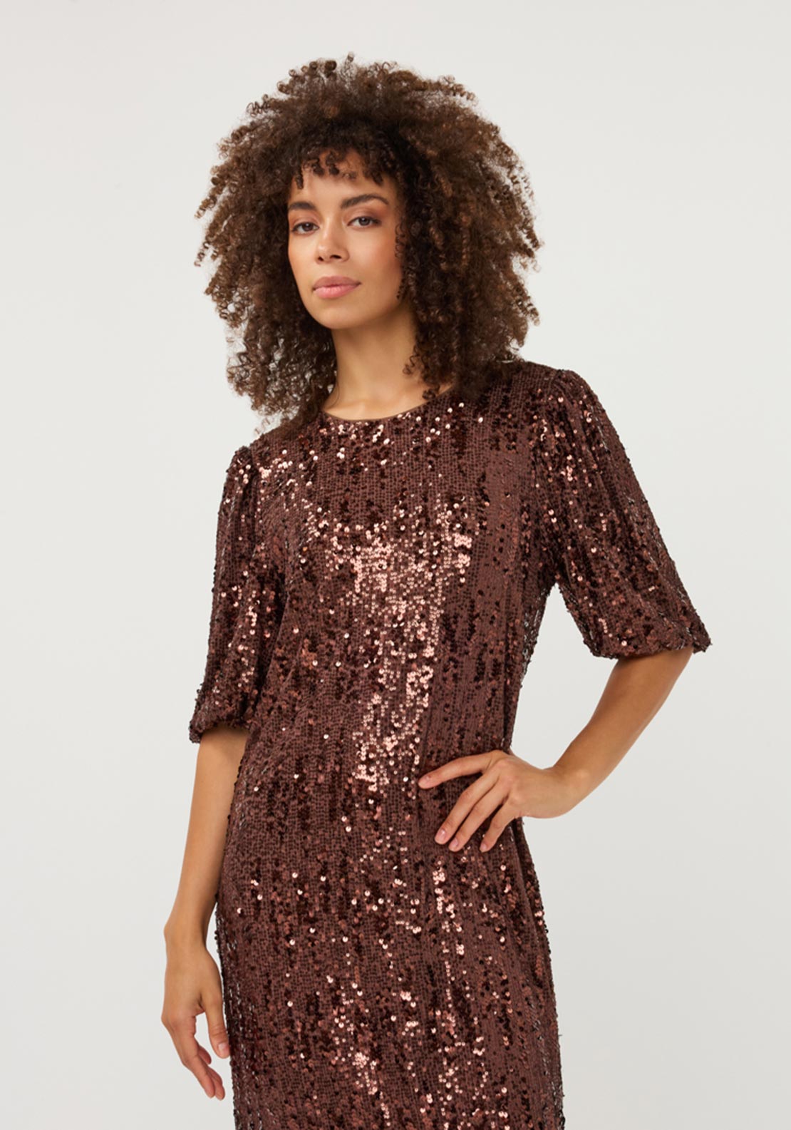 Esqualo Sequin with Balloon Sleeves Mini Dress, Brown