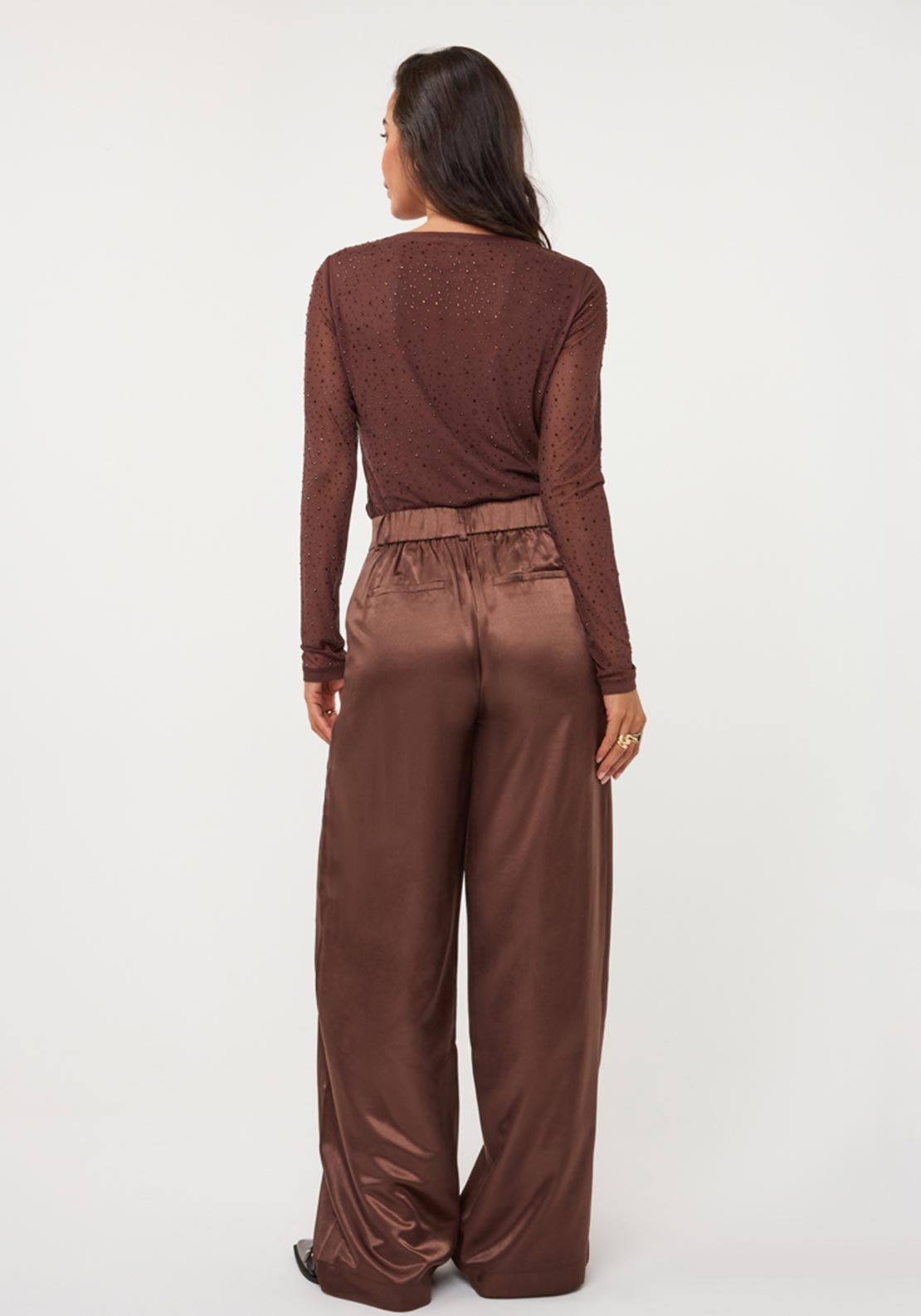 Esqualo Satin Wide Leg Trousers, Brown