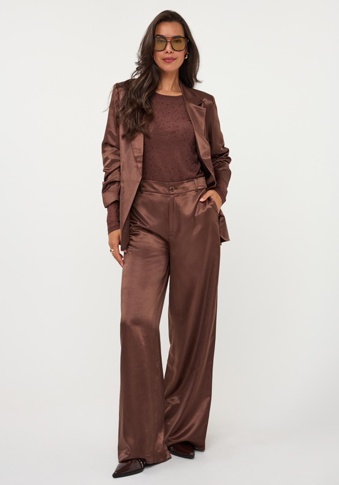 Esqualo Satin Wide Leg Trousers, Brown