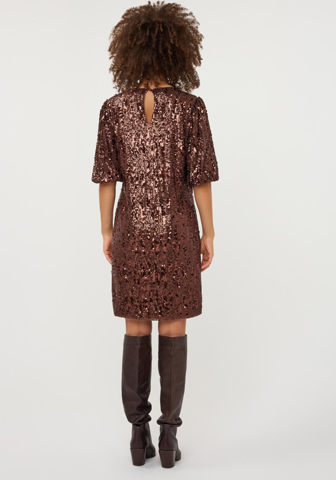 Esqualo Sequin with Balloon Sleeves Mini Dress, Brown