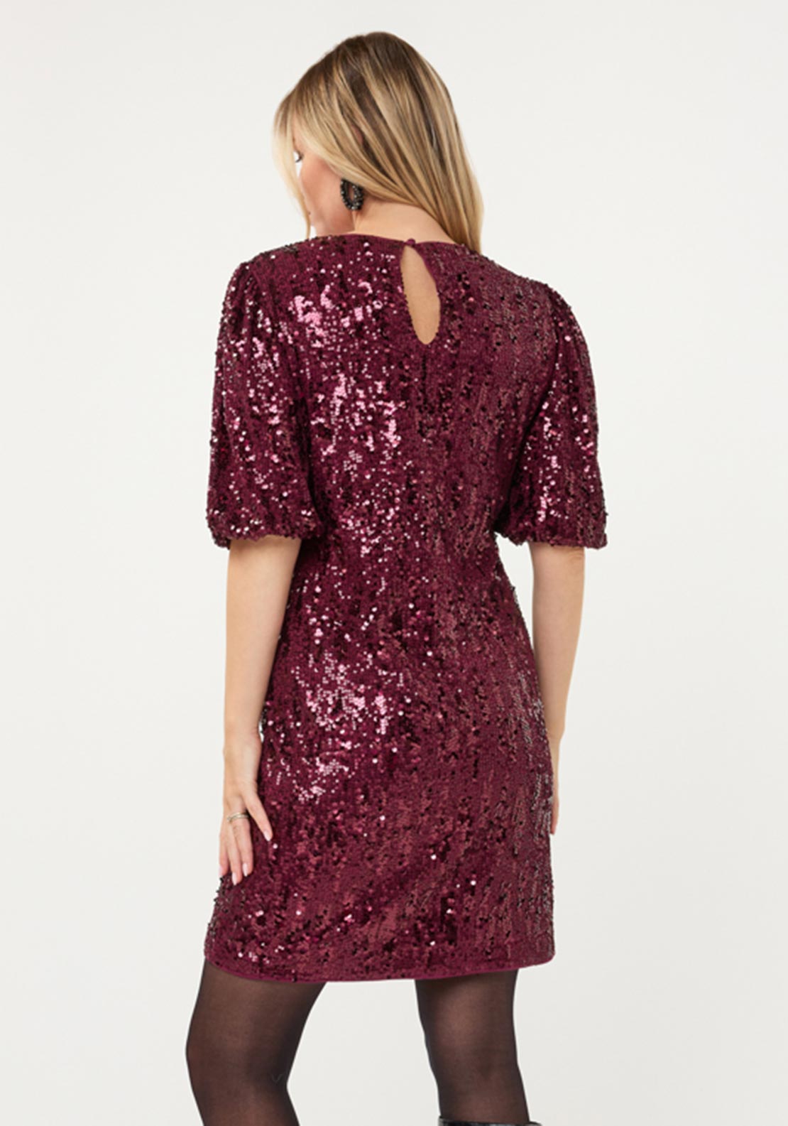 Esqualo Sequin with Balloon Sleeves Mini Dress, Wine
