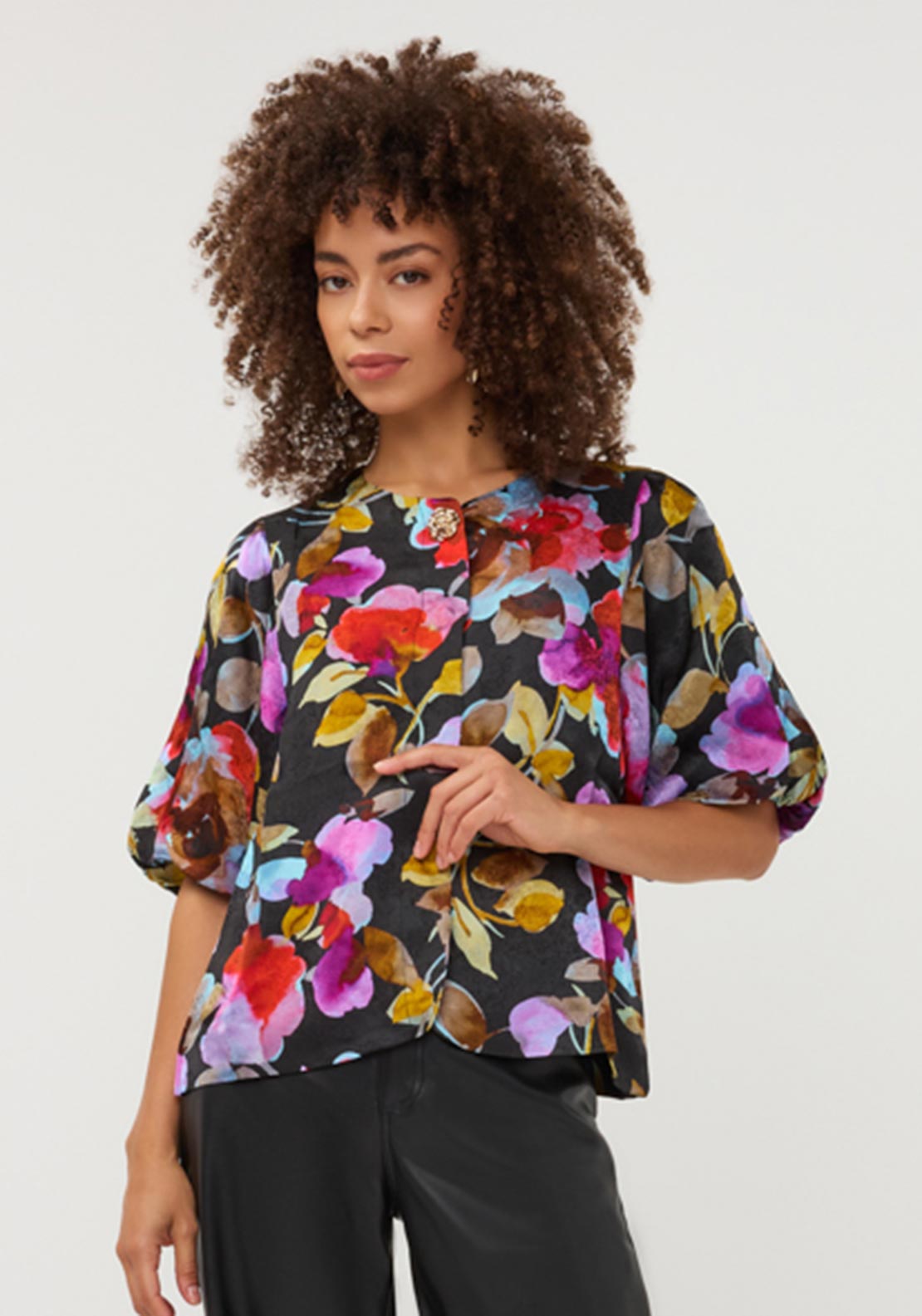 Esqualo Floral Pattern with Balloon Sleeves Blouse, Black Multi