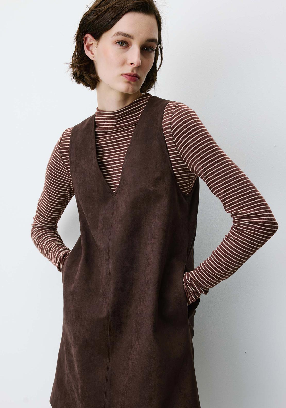 Grace & Mila Sleeveless Faux Suede Pinafore Dress, Brown