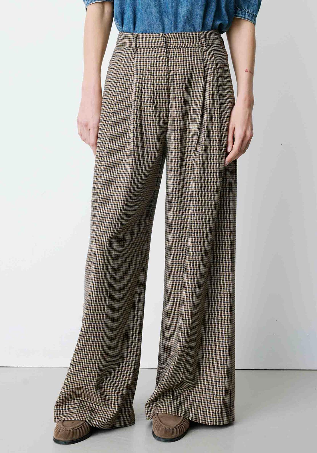 Grace & Mila Checked Wide Leg Trousers, Beige Multi