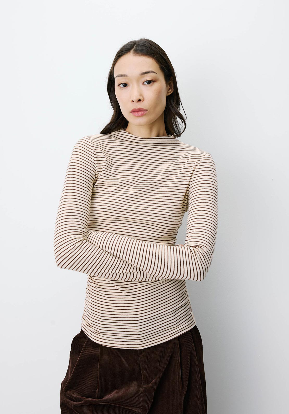 Grace & Mila Striped with Ruched Waist Top, Cream Multi